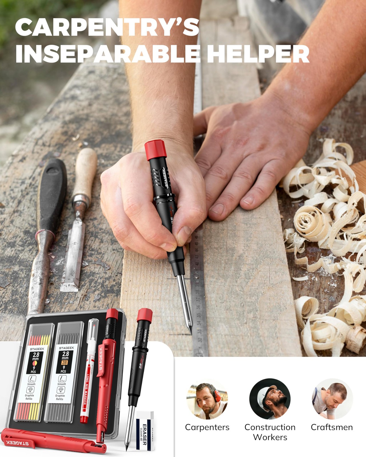 Carpenter Pencil with Sharpener, Mechanical Carpenter Pencils with 19 Refills…
