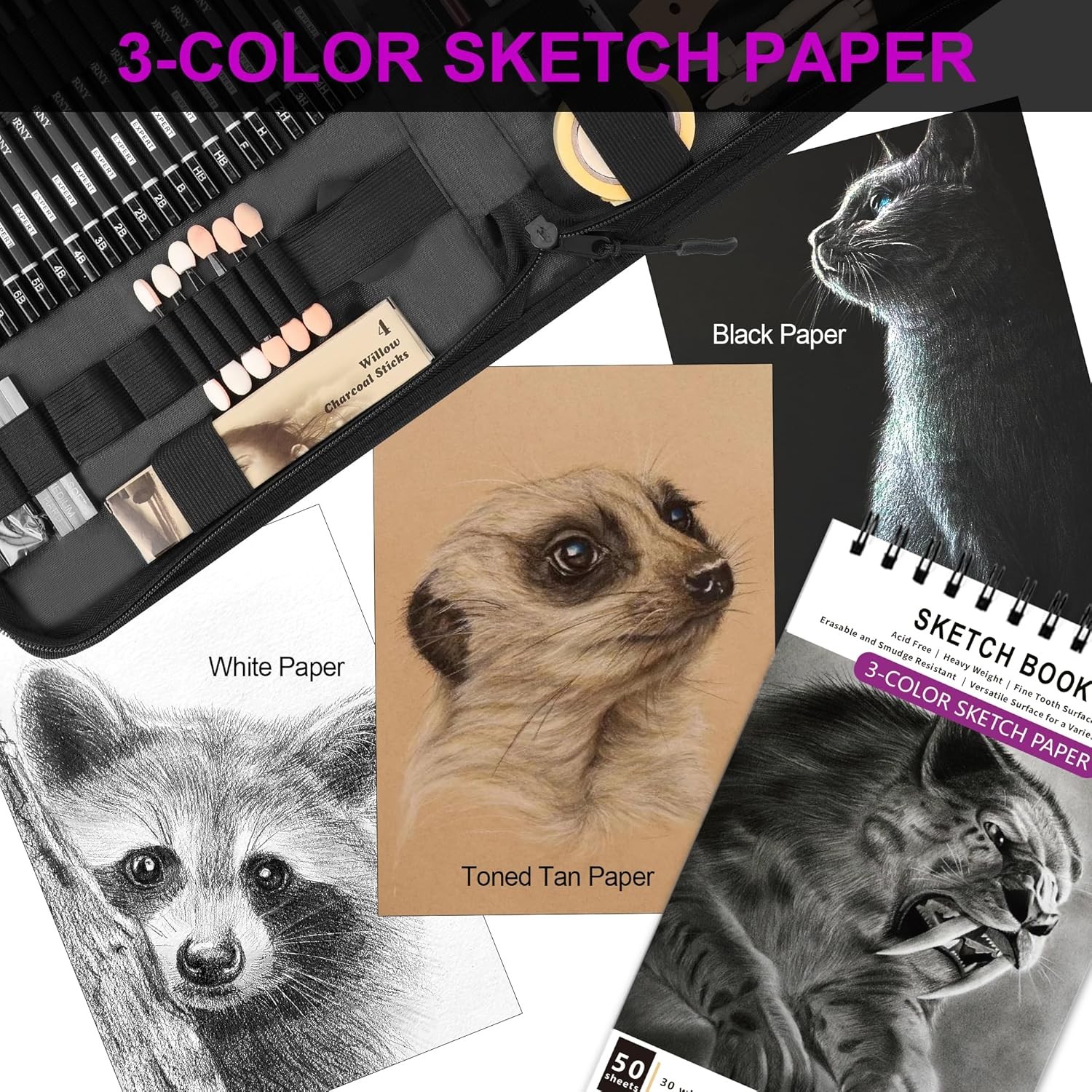 HIFORNY 70 Pcs Drawing Set Sketching Kit – Sketch Pencils Art Supplies Black
