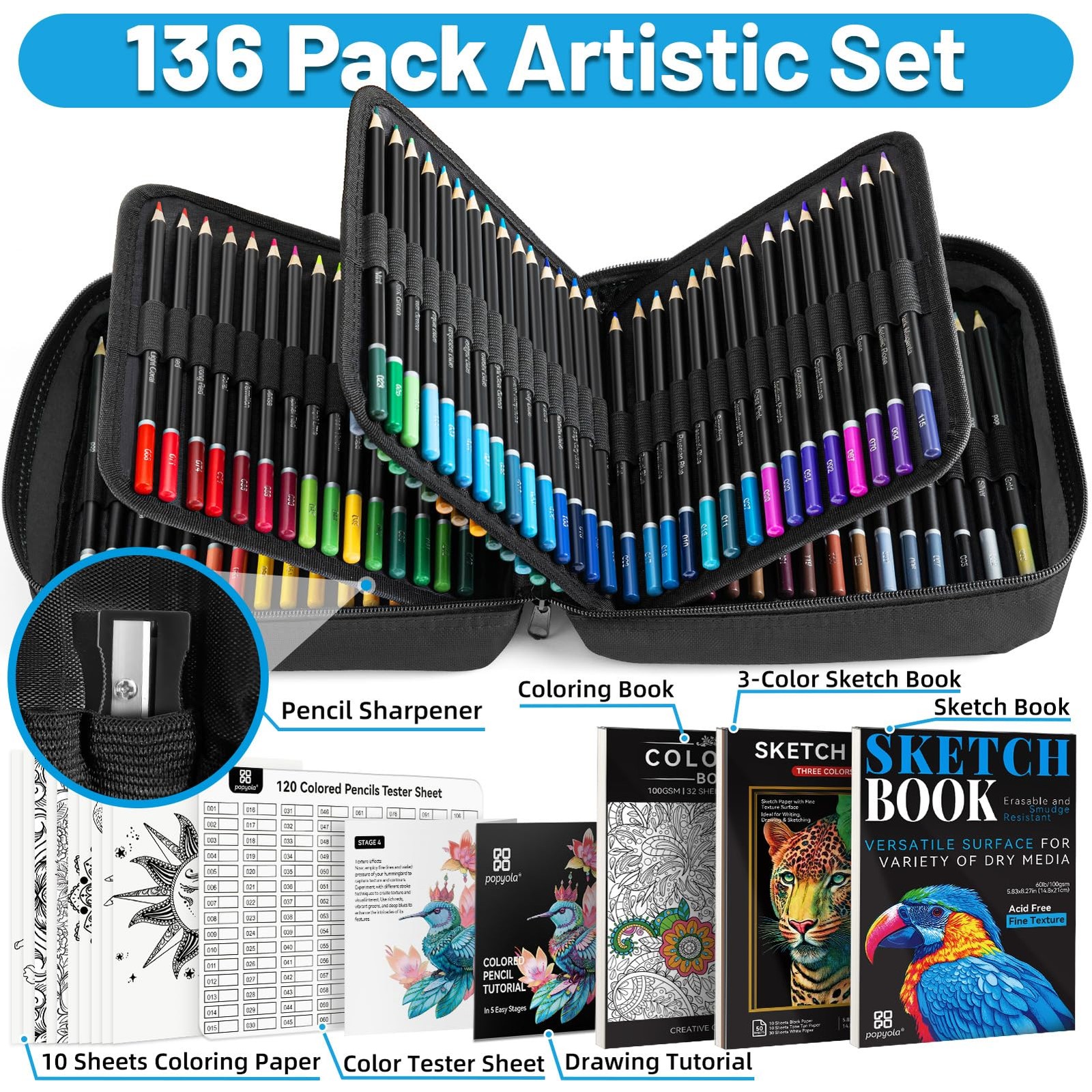 136 PCS Colored Pencils Set for Adult Coloring Books, 120 Black