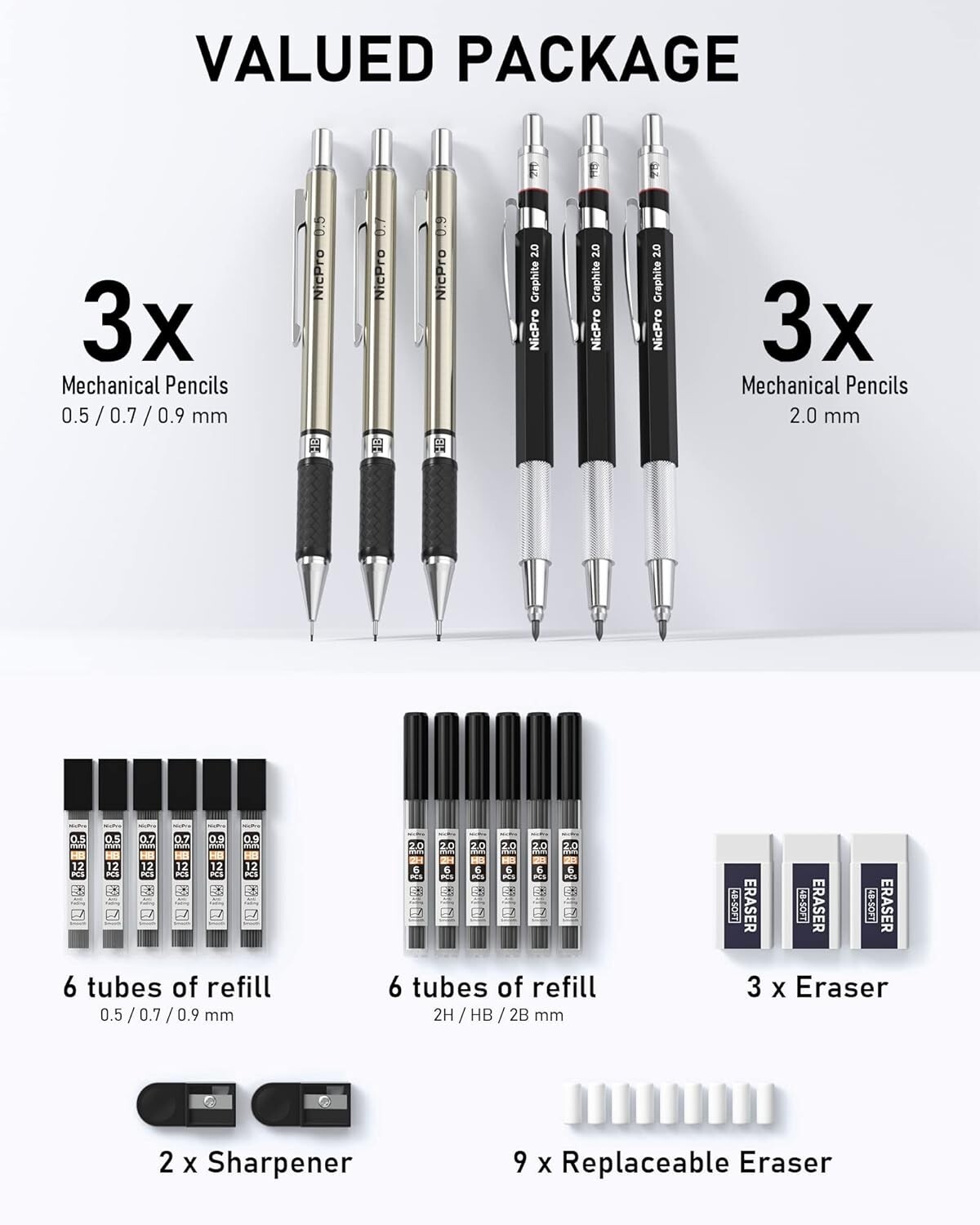 6PCS Art Mechanical Pencil Set,3PCS Metal Drafting Pencil 0.5 mm & 0.7 mm