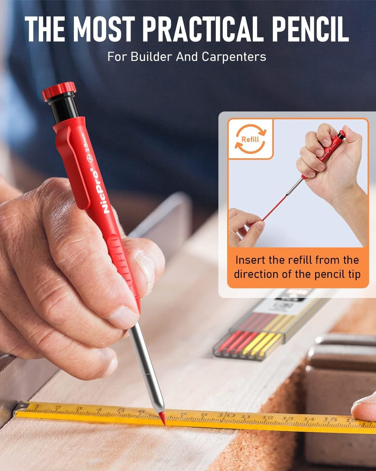 Carpenter Pencil with Sharpener, Mechanical Pencils Set with 26 Refills,