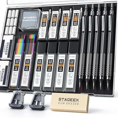 21PCS Metal Mechanical Pencil Set, Art Lead Pencil Black 0.3+0.5+0.7+0.9+2.0MM
