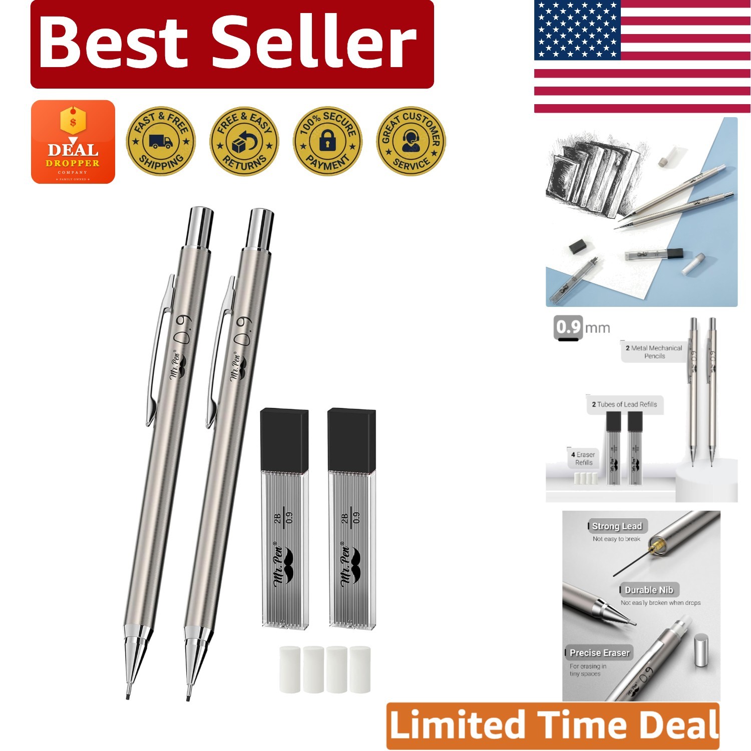 Refined Metal Mechanical Pencil Set – Ergonomic Design with Lead & Eraser Refill