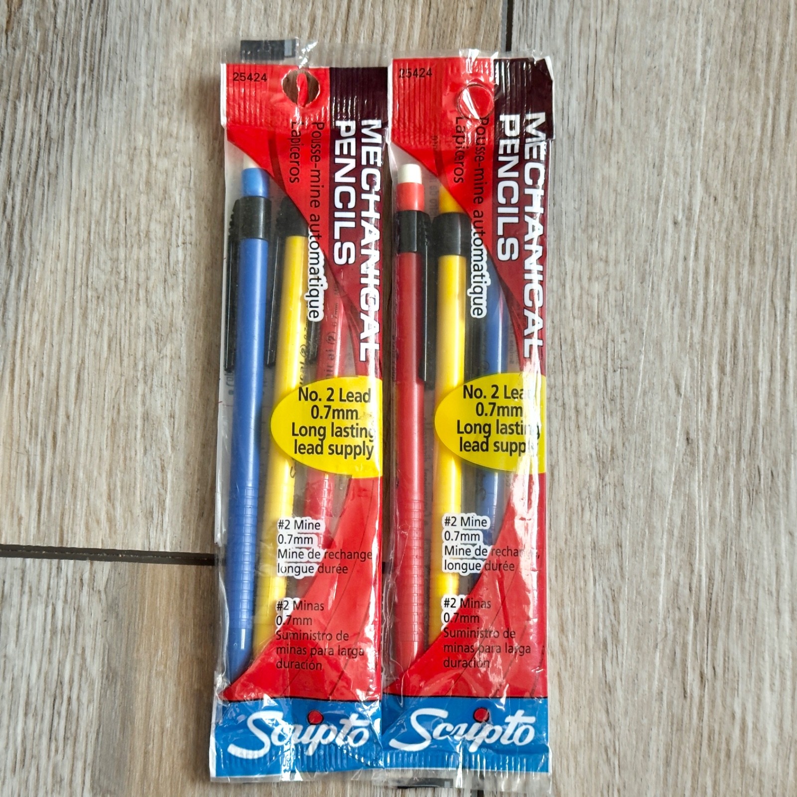 Scripto Mechanical Pencil .7mm No. 2 B5039M 25424 Red Yellow Blue 3 Pack x 2