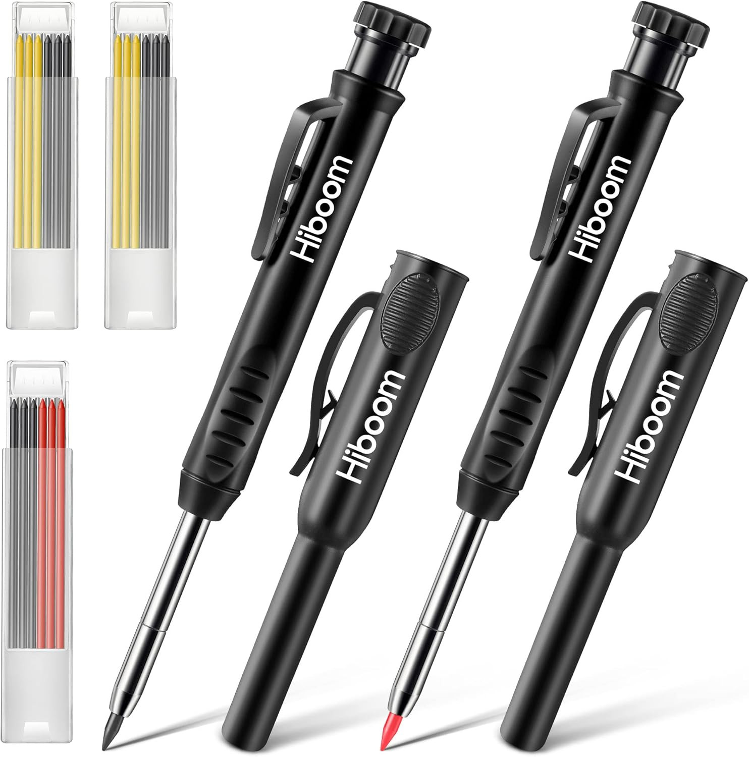 2 Pack Solid Carpenter Pencils with Pencil Cap and 18 Refills, Long Nose Deep Ho