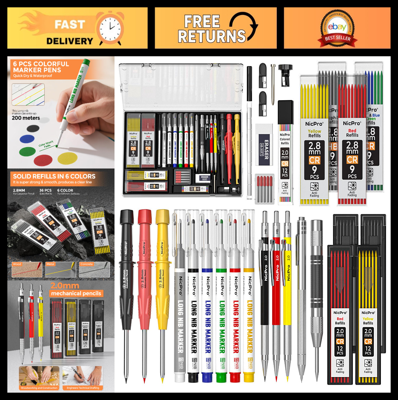 36PCS Mechanical Carpenter Pencil Set with Sharpener, Lead Refills & Tools – Hea