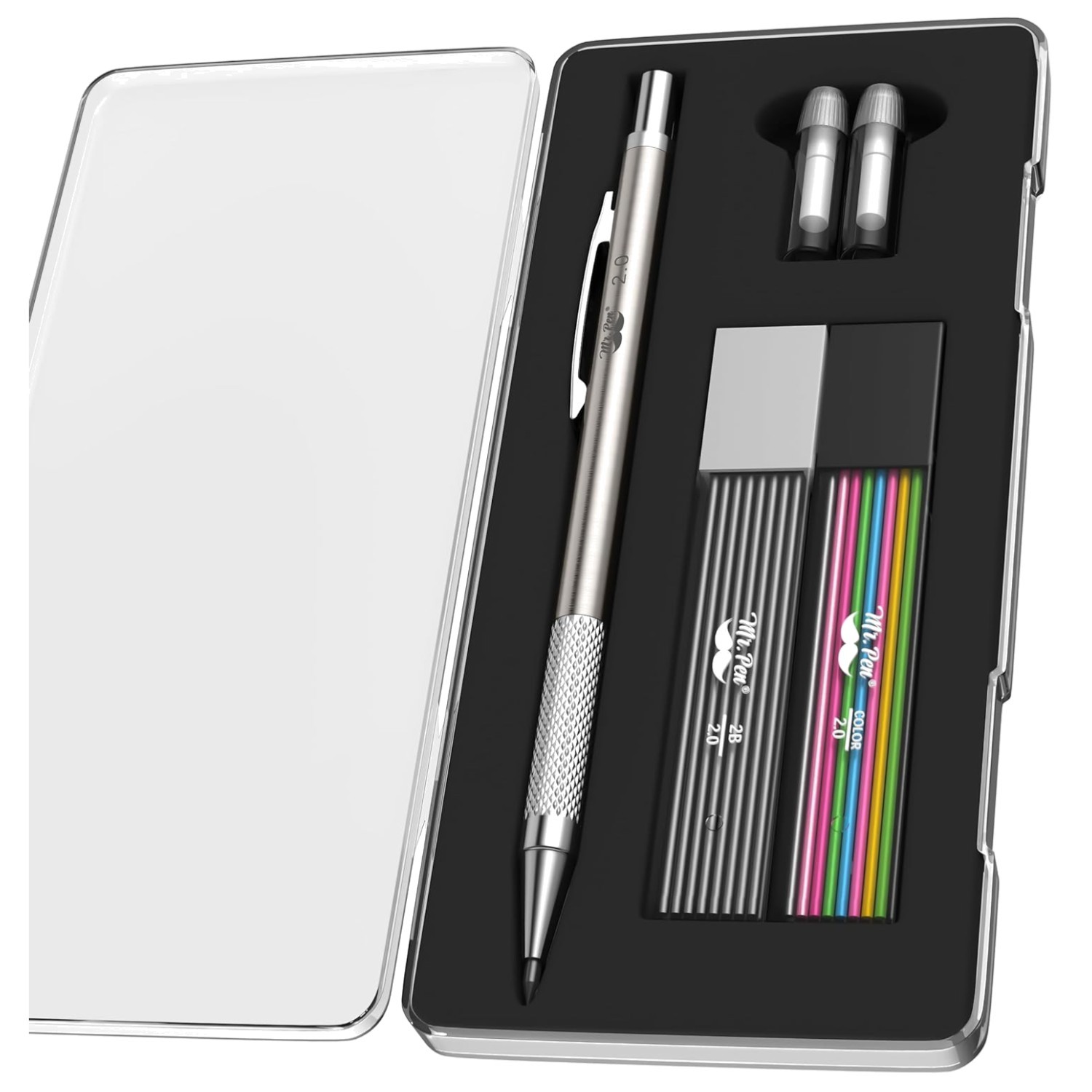 Metal Mechanical Pencil Set 2mm HB & Colored Lead Refills Erasers Office