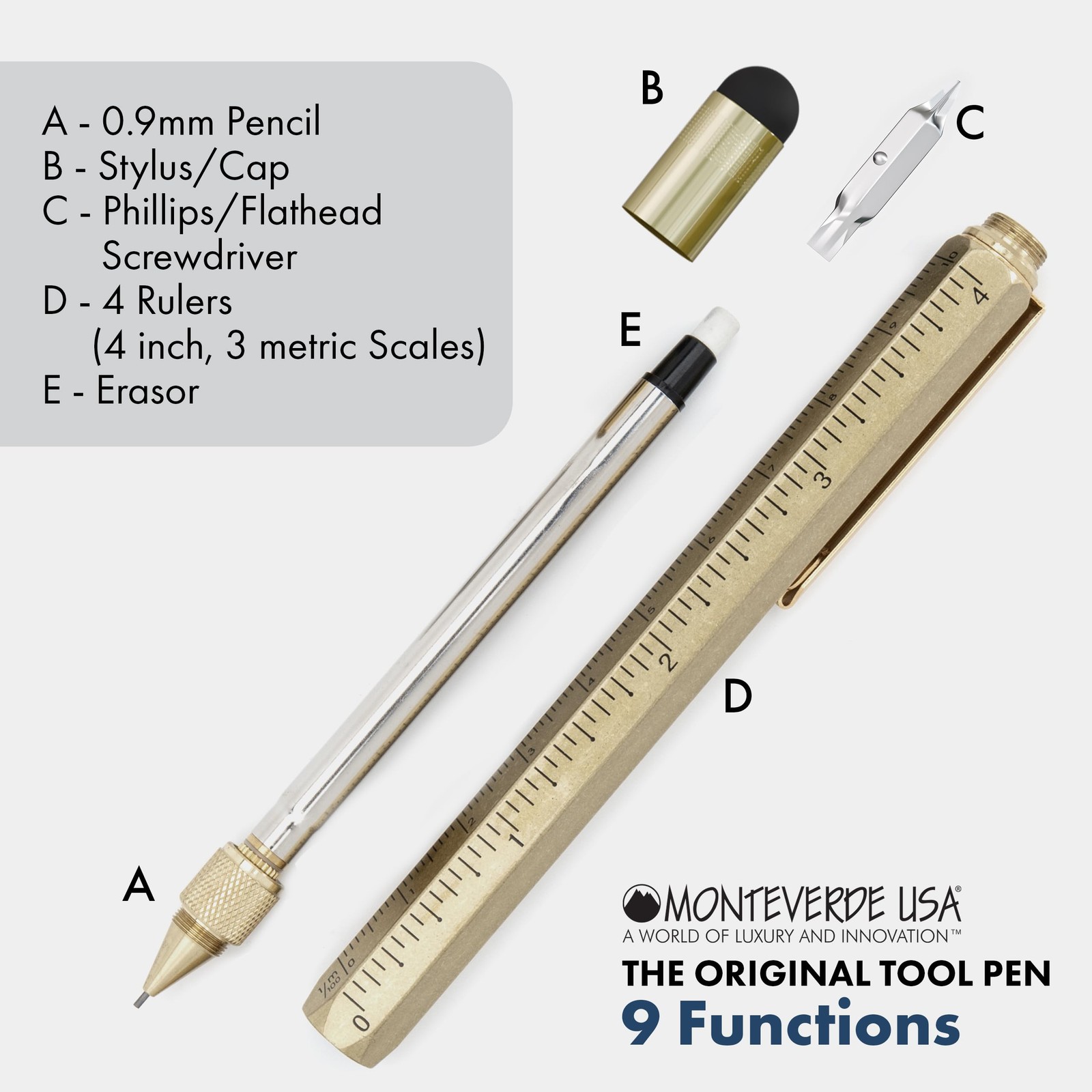USA 9-in-1 Tool Mechanical Pencil in Brass – Hand-Machined Multifunctional Pe…