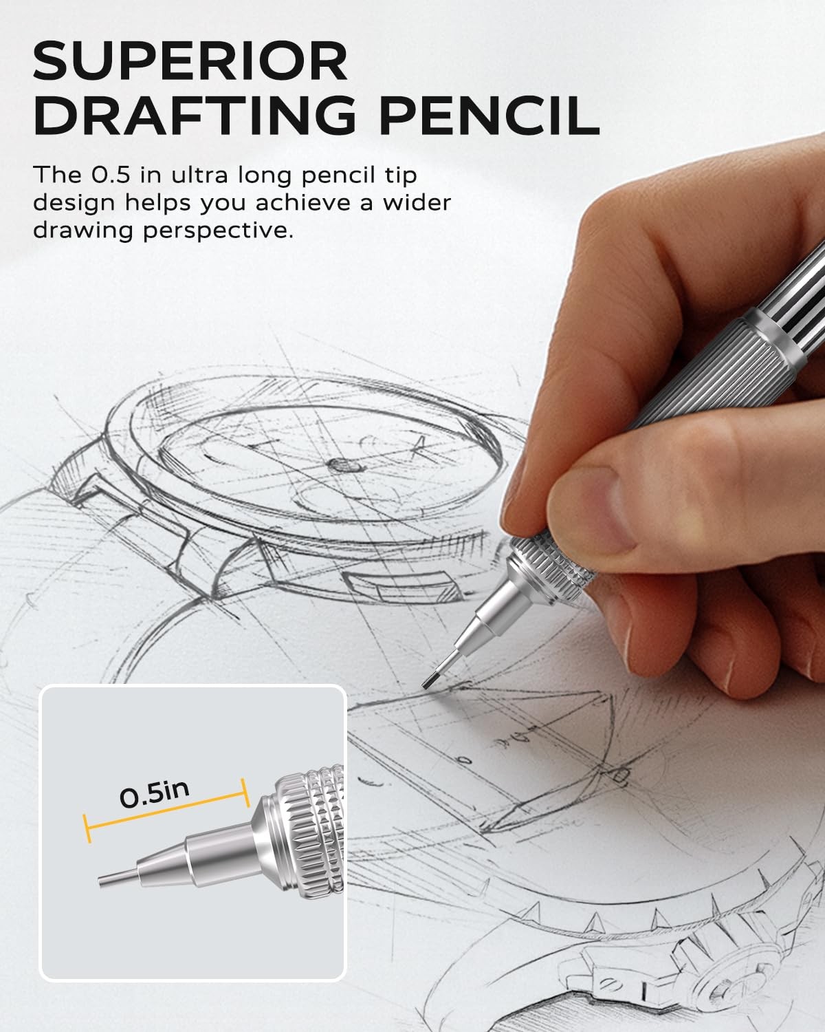 0.5mm Metal Mechanical Pencil 1Pcs 120Pcs HB Lead Refills 4B Erasers Silver