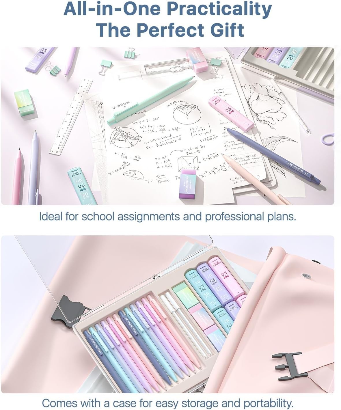 Mechanical Pencil Set 0.5 & 0.7mm Leads Erasers Case School Supplies