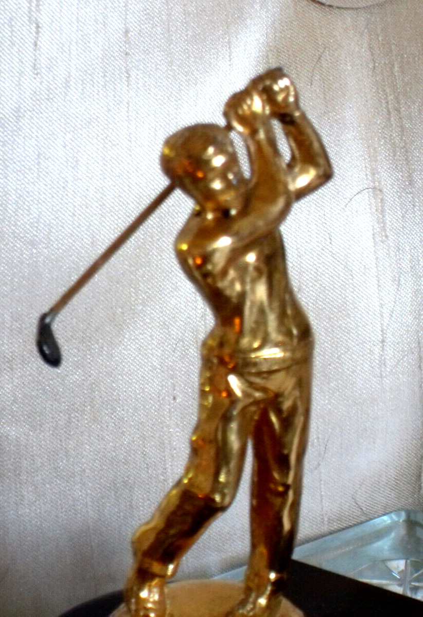Vintage Dodge Wm A Rogers trophy, golden golfer on Bakelite desk tray notepad