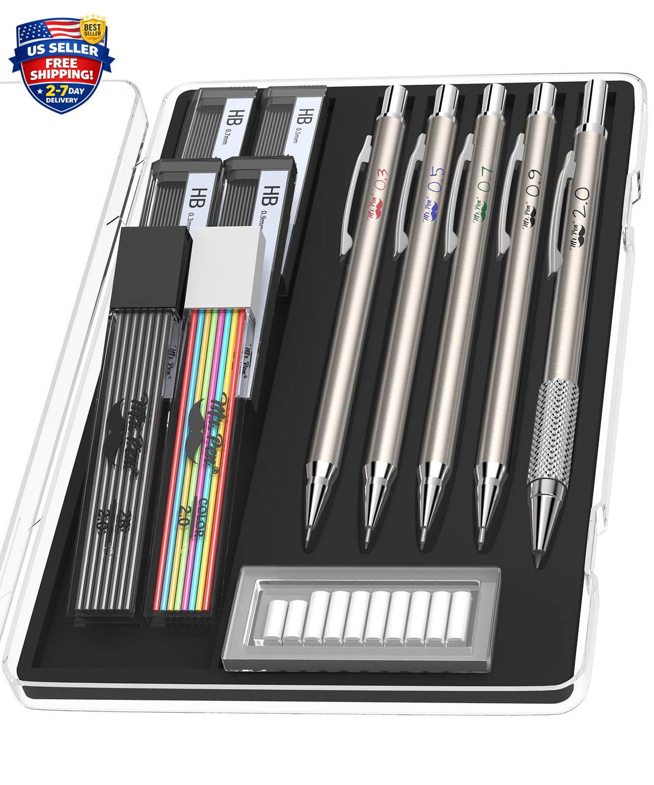 – Metal Mechanical Pencil Set with Lead and Eraser Refills, 5 Sizes, 0.3, 0.5, 0