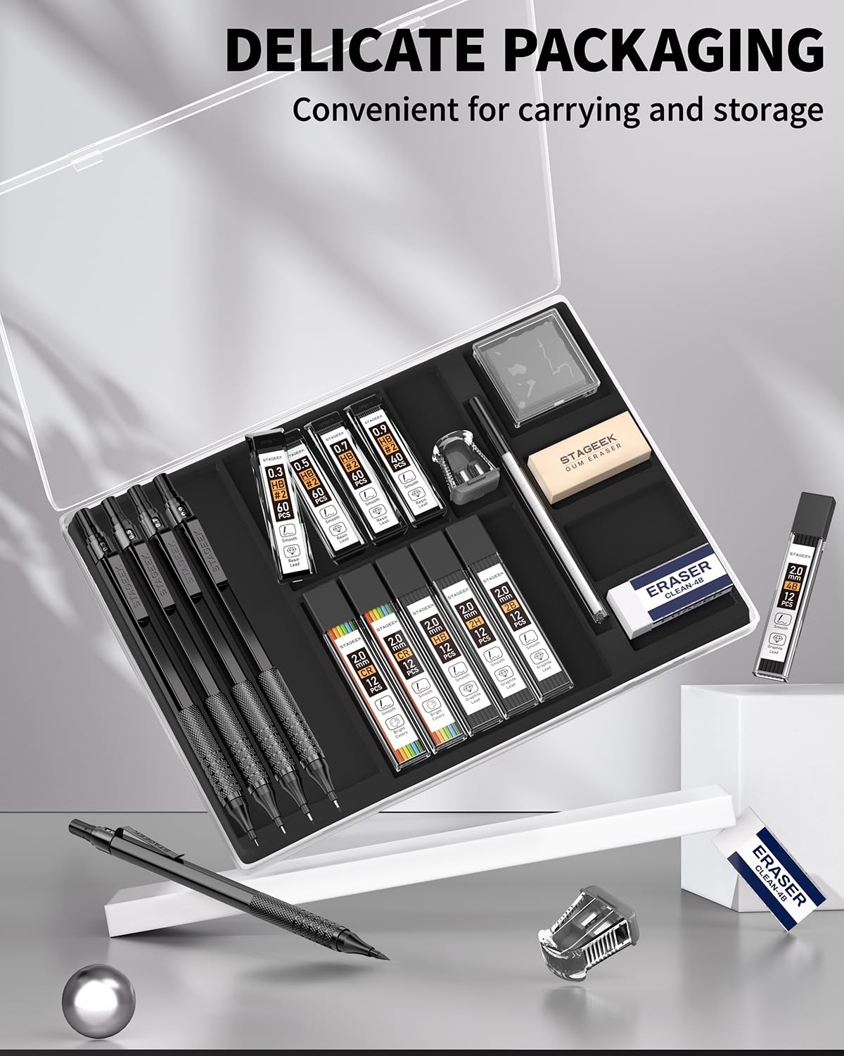 Metal Mechanical Pencil Set 0.3 0.5 0.7 0.9 2mm Holder Lead Refills 21 PCS