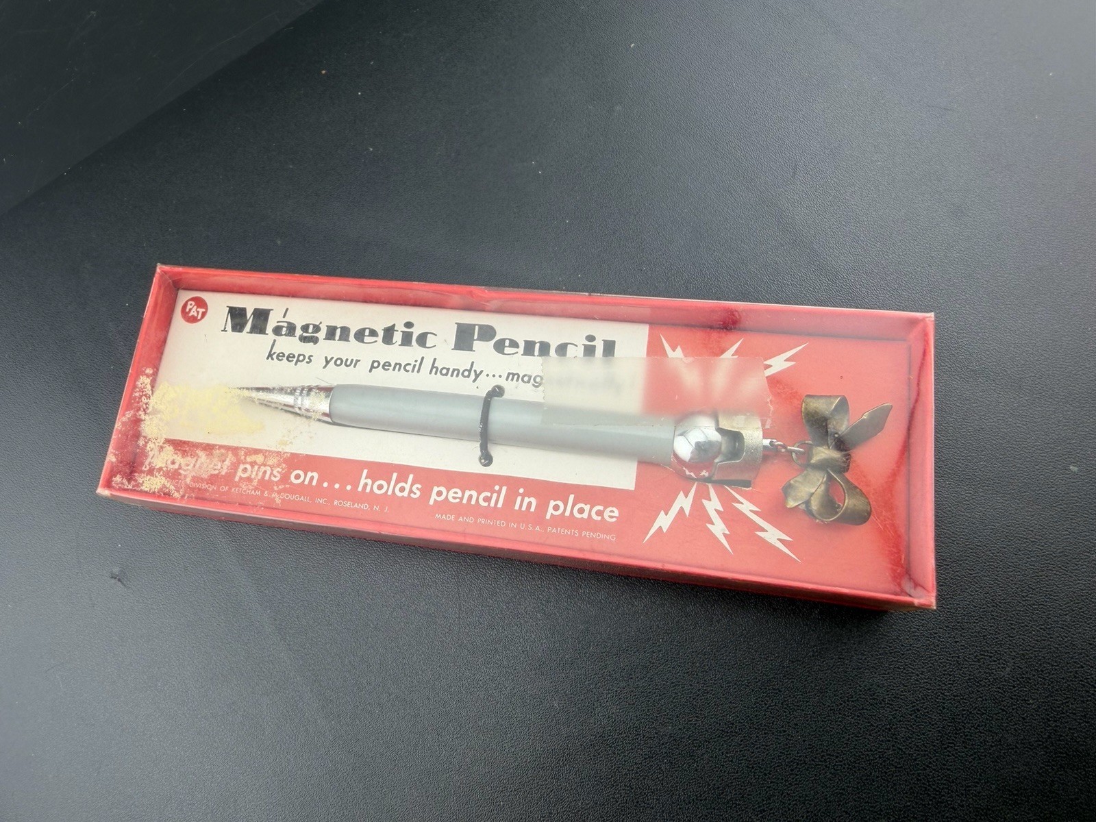 Vintage PAT Magnetic Mechanical Pencil Desk Clip Holder With Box