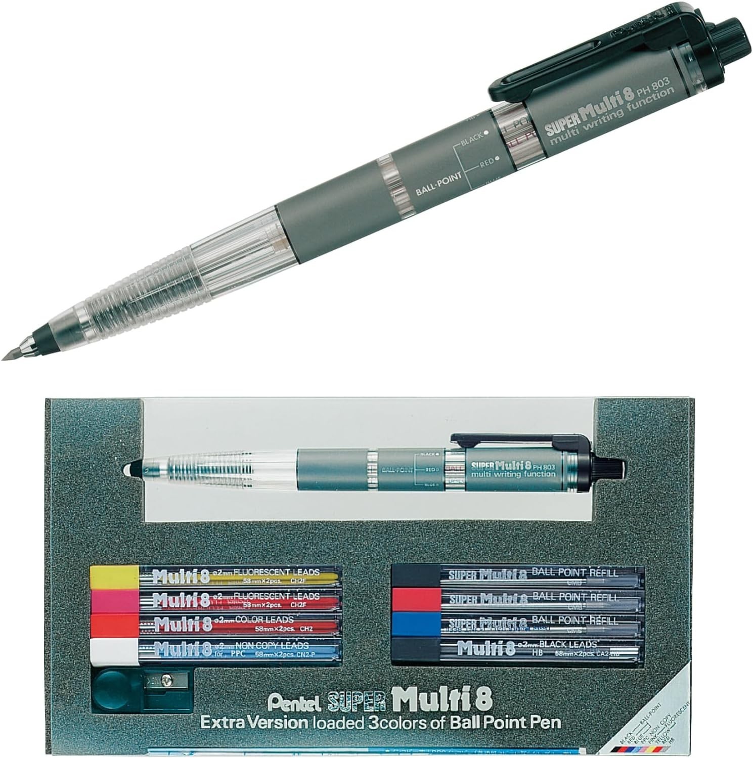 Pentel Super Multi 8 PH803ST Pen Set 8-in-1 Ballpoint & Lead + Refills Japan