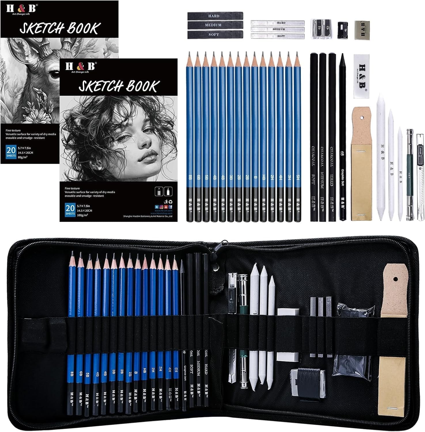 H & B 36 Pack Drawing Set Sketch Kit,Sketching Supplies 36 Piece Set, Black