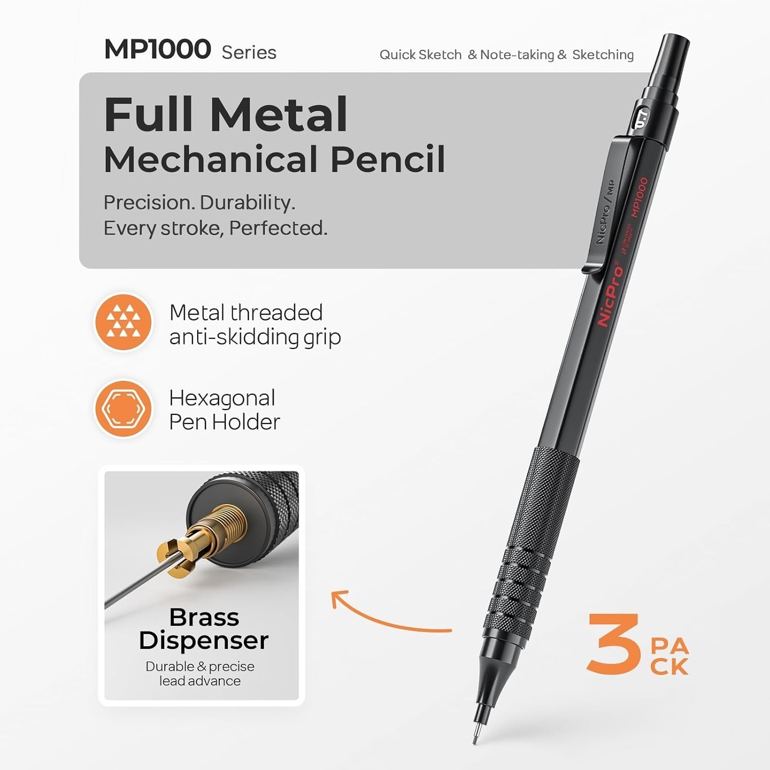 0.5 & 0.7 & 0.9 mm Metal Mechanical Pencil Set with Case, 6PCS MP1000 Artist …