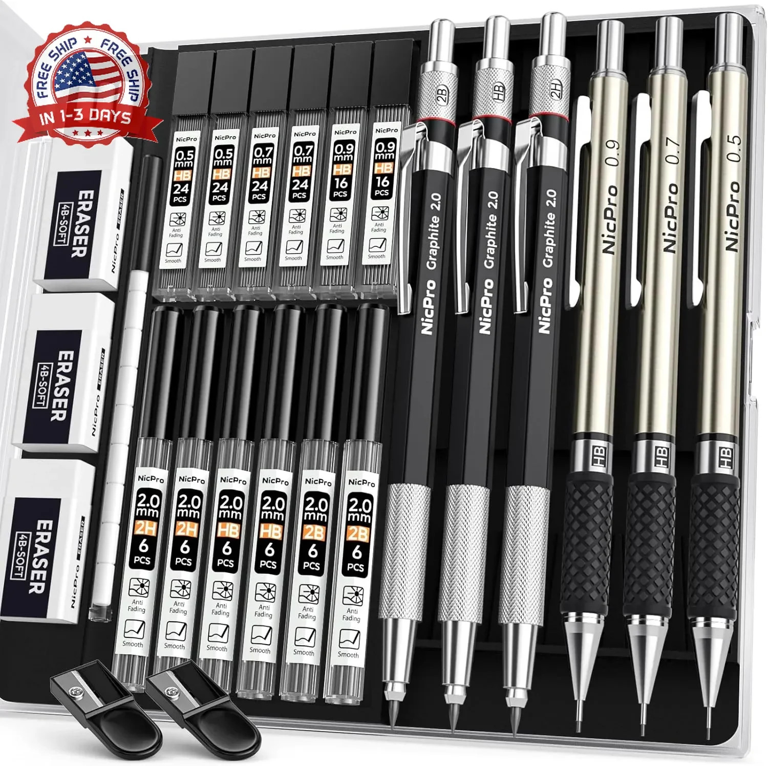 Nicpro 6PCS Art Mechanical Pencil Set, 3PCS Metal Drafting Pencil 0.5 mm & 0.7 m