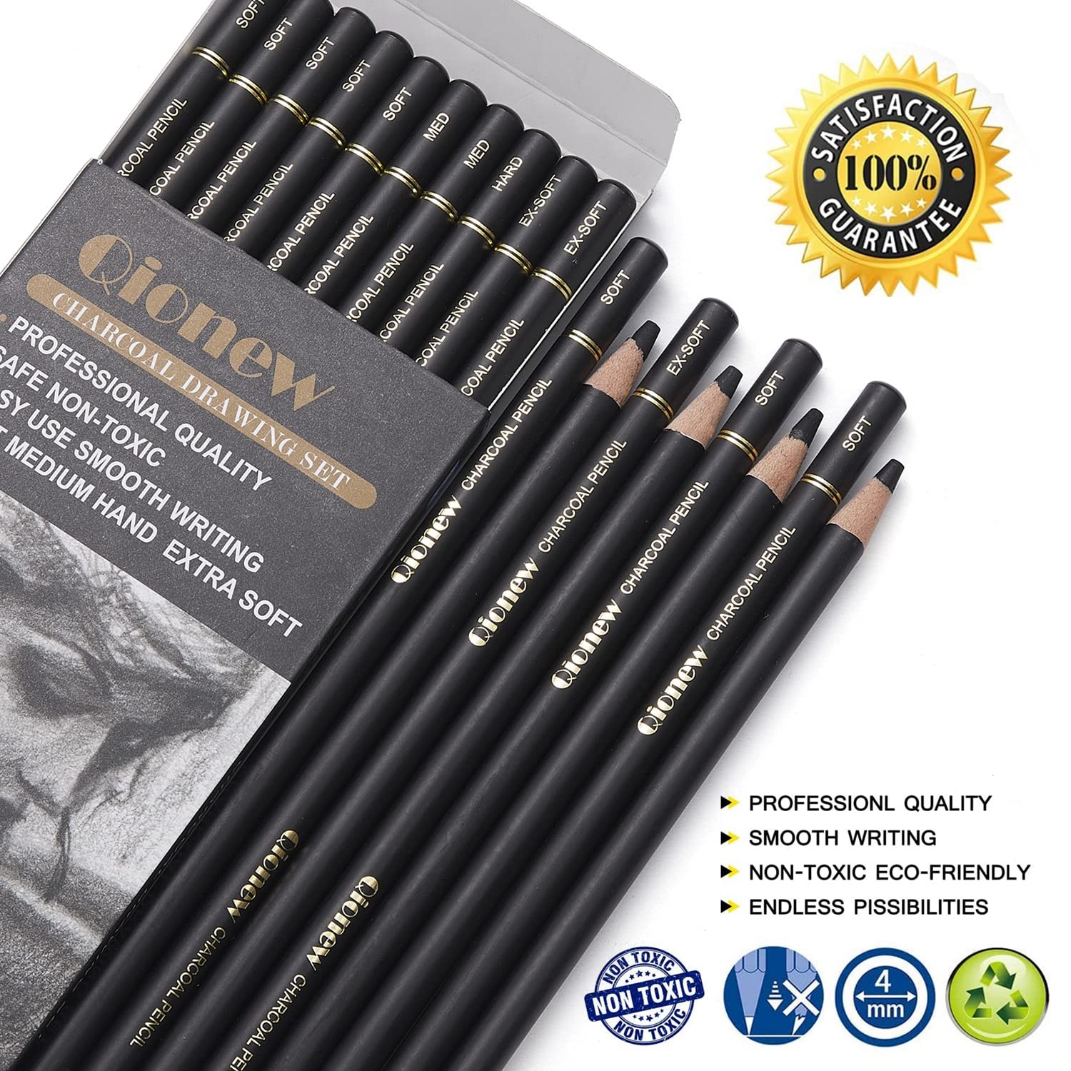 Qionew Professional Charcoal Pencils Drawing Set – 10 Pieces Super Black