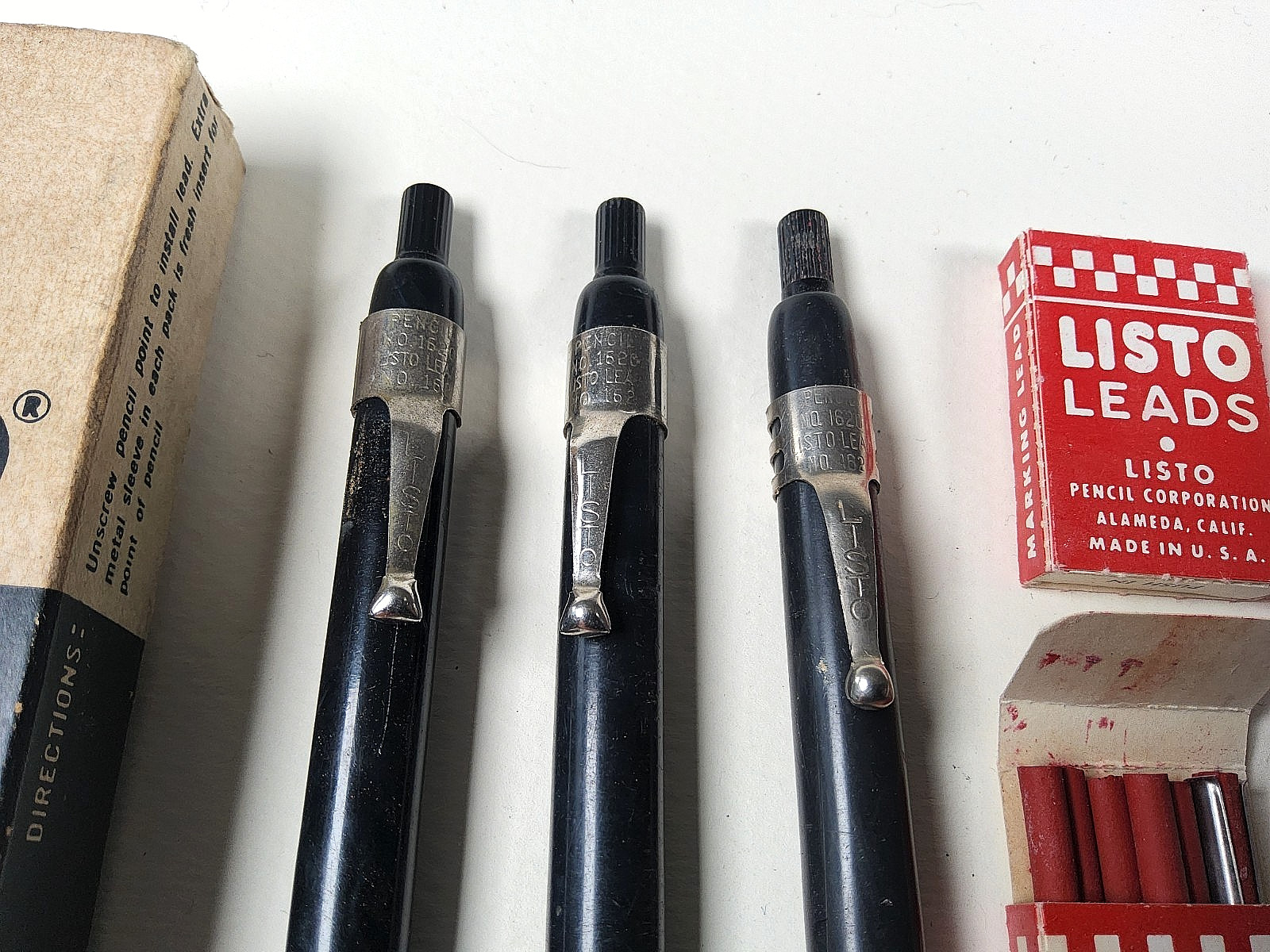 3 Vintage Listo Marking Pens 1626 + 7 Boxes Red 162 Leads w Original Box
