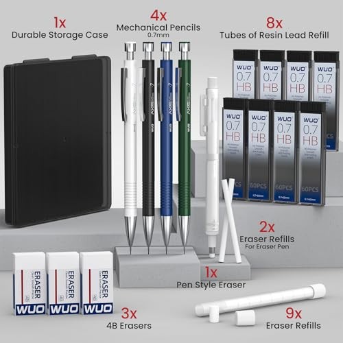 0.7mm Mechanical Pencil Set with Case, 4PCS Metal Mechanical 4 Pack (0.7mm)