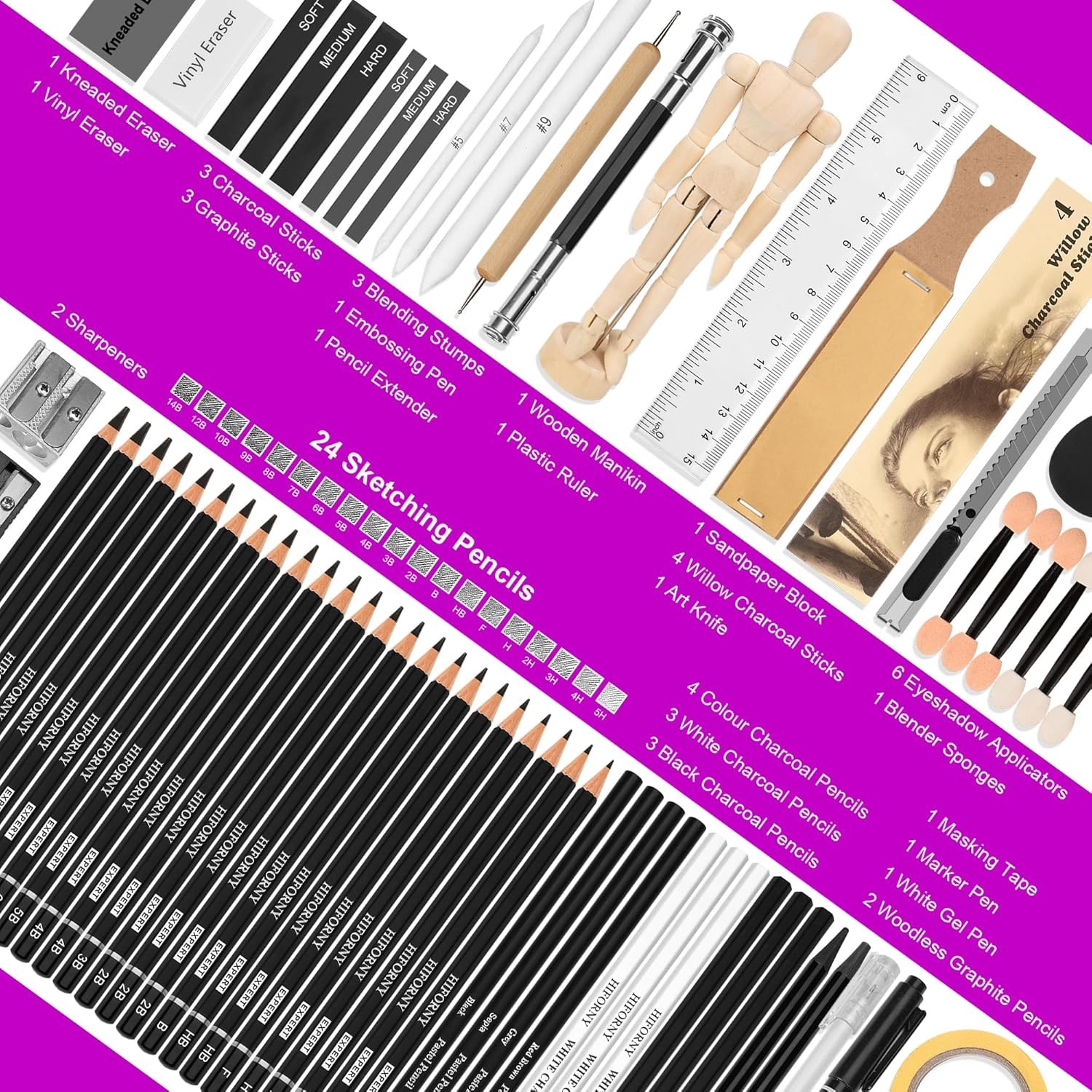 HIFORNY 70 Pcs Drawing Set Sketching Kit – Sketch Pencils Art Supplies Black