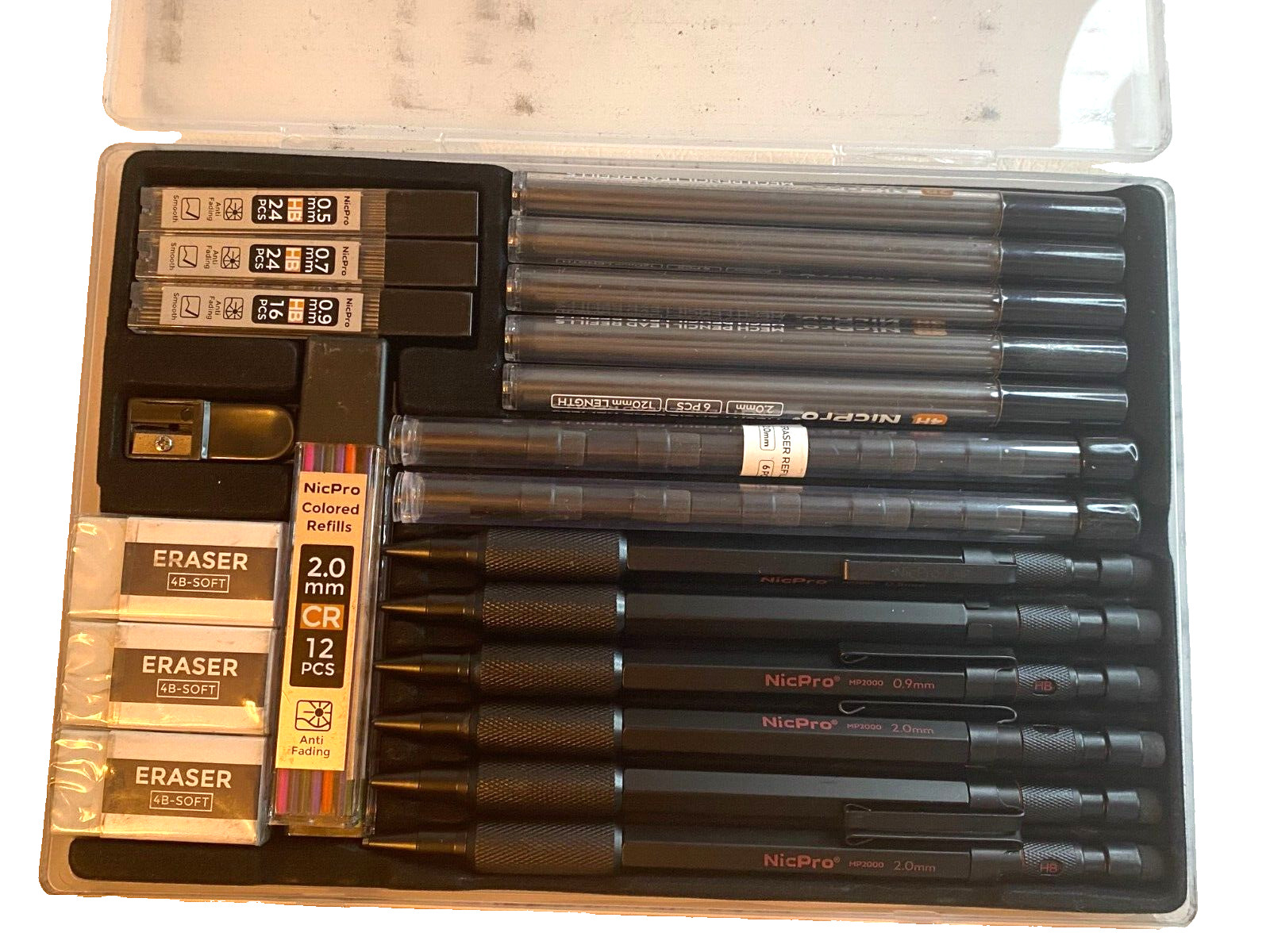 NEW nicpro mechanical pencil set of 6 w/ leads, eraser, sharpener. 25 piece set