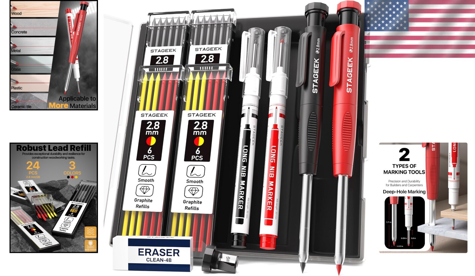 Carpenter Pencil with Sharpener, Mechanical Pencils Set with 26 Refills,