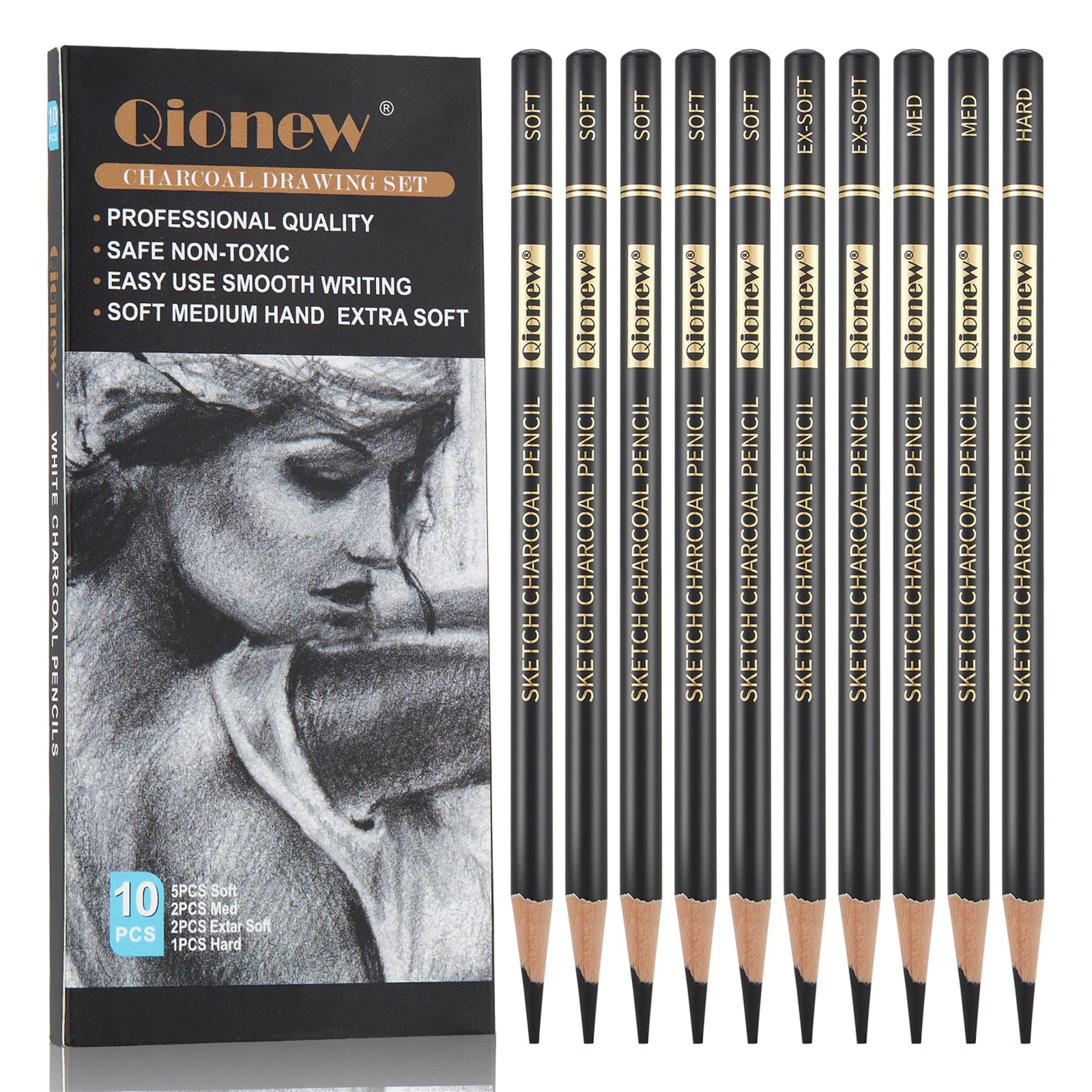 Qionew Professional Charcoal Pencils Drawing Set – 10 Pieces Super Black
