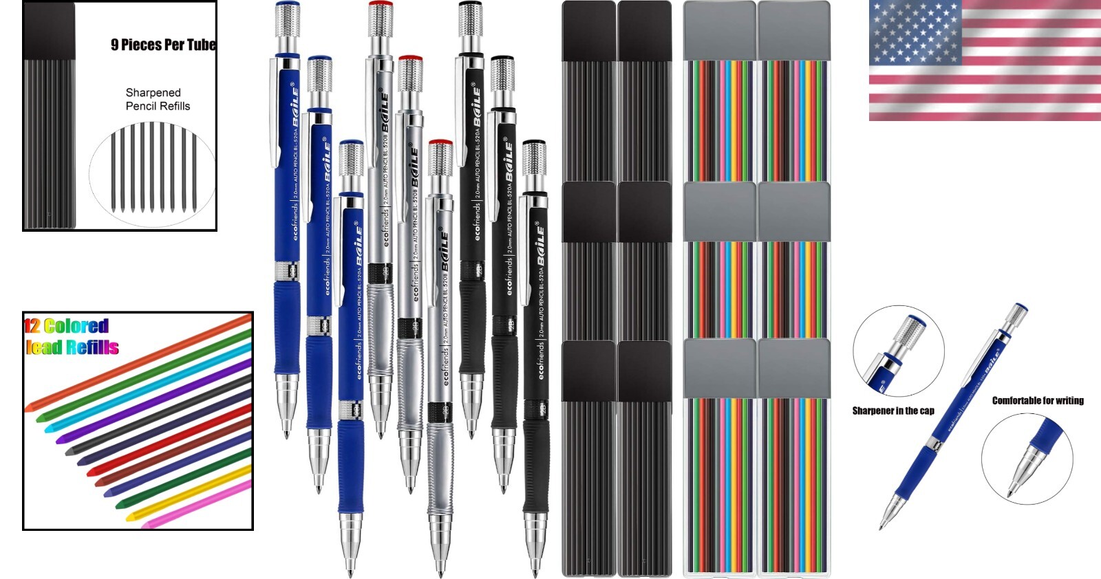 Versatile 2.0mm Mechanical Pencil Set – 9 Pencils & 54 Black, 72 Colored Refills