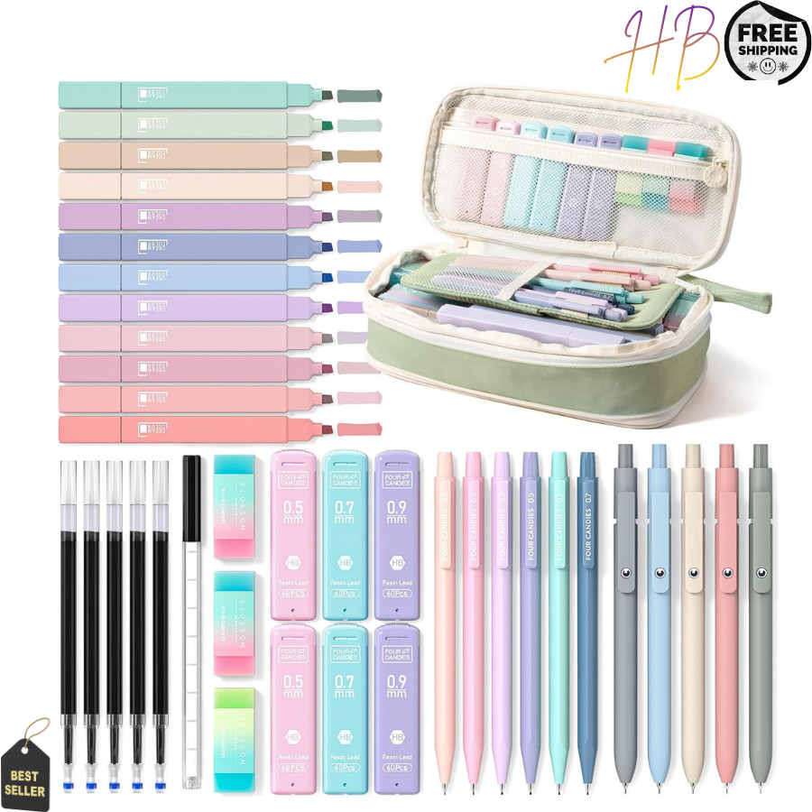Four Candies 39 PCS Aesthetic Supplies with Cute Pen Case, 12 Pastel Highlighter