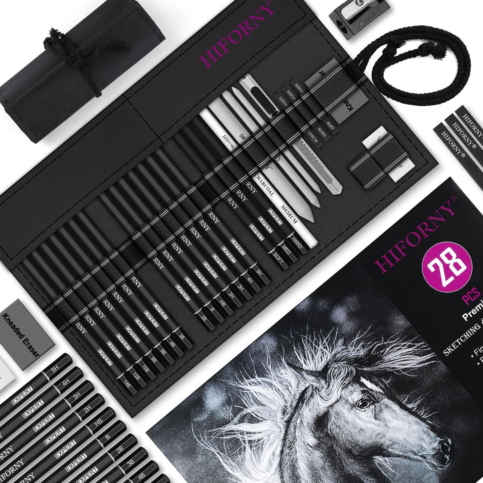 HIFORNY 28 PCS Sketching Drawing Pencil 1 Count (Pack of 28), Black
