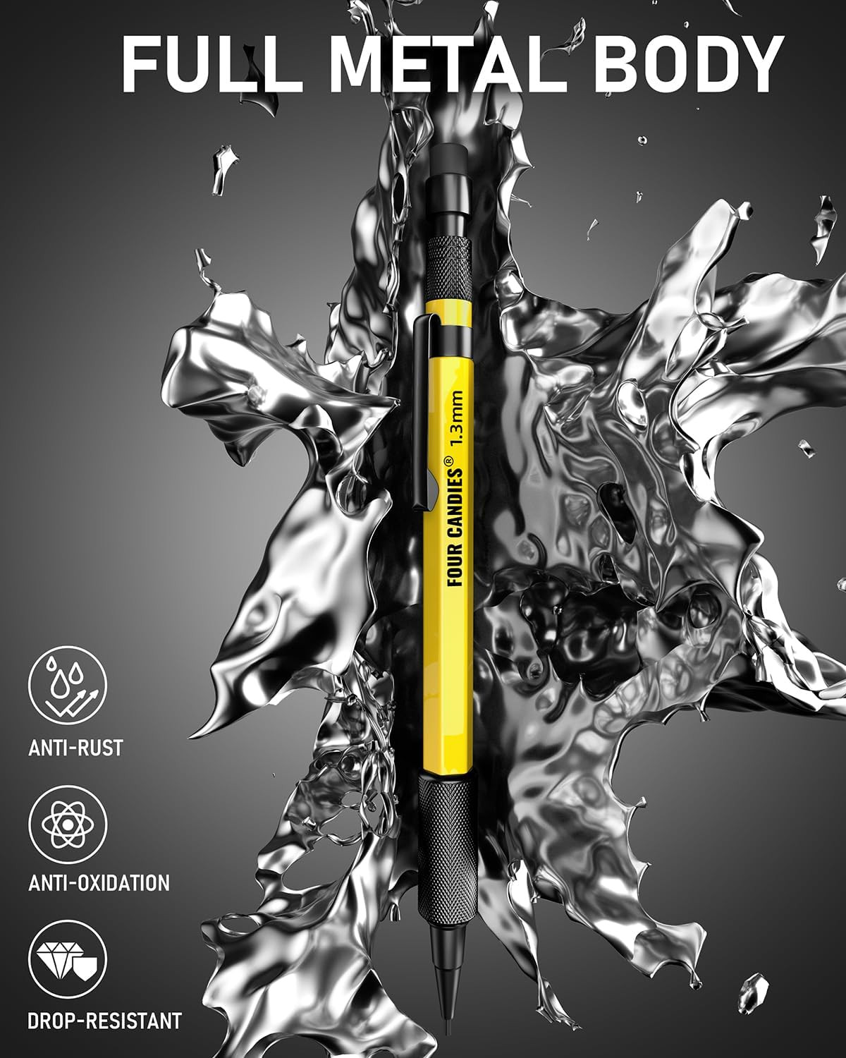 1.3Mm Mechanical Pencil Set with 72 Lead Refills, 3PCS Metal Weatherproof Body H