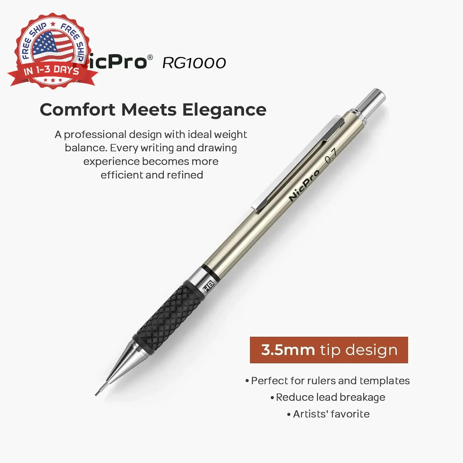 Nicpro 0.7 mm Art Mechanical Pencil Set in Storage Case, 3 PCS Metal Drafting Pe