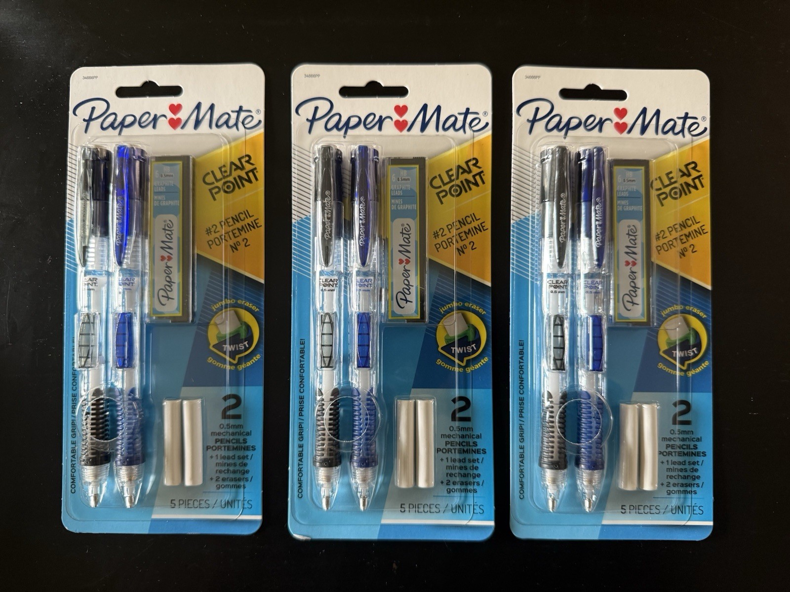 Lot of 3 -Paper Mate Clearpoint Mechanical Pencils 0.5mm HB 2 Pencil Lead School