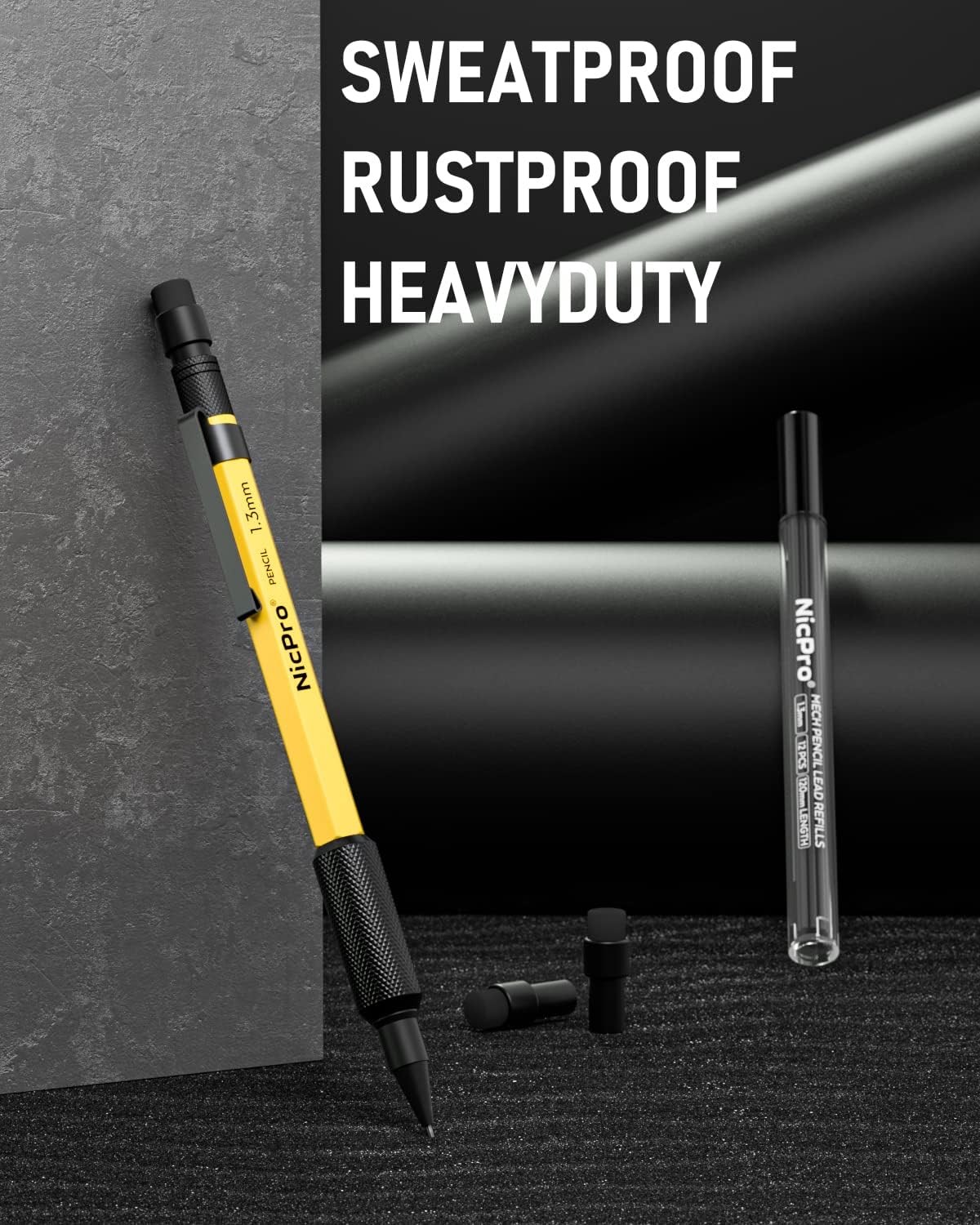 Nicpro 1.3 mm Mechanical Pencil Set with 12 Lead Refill, 1 Pack, Yellow