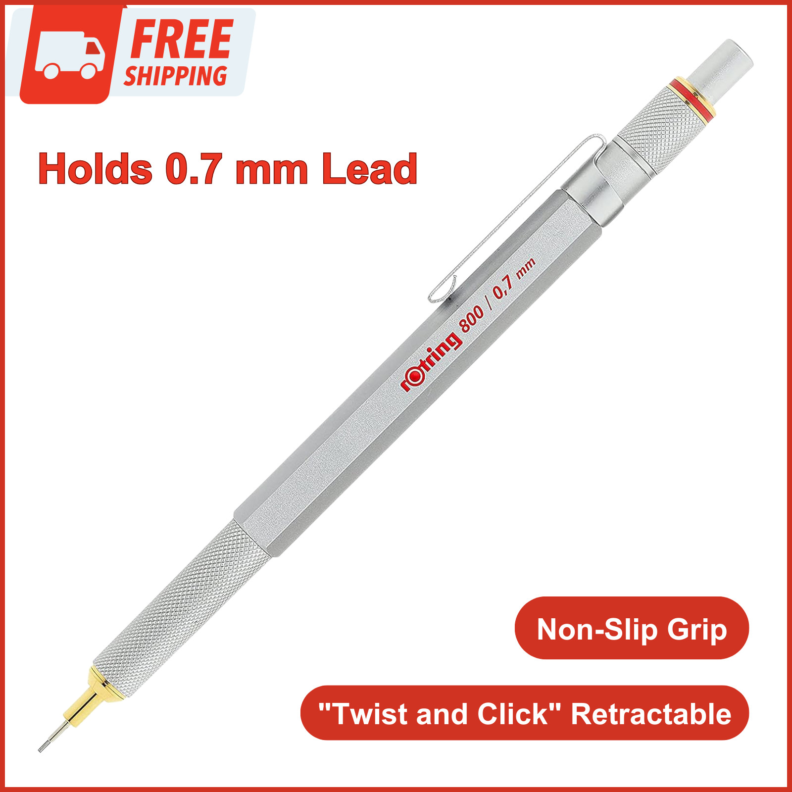 rOtring 800 Mechanical Pencil, 0.7 mm, Silver Metal Barrel Graphite Pencil Twist