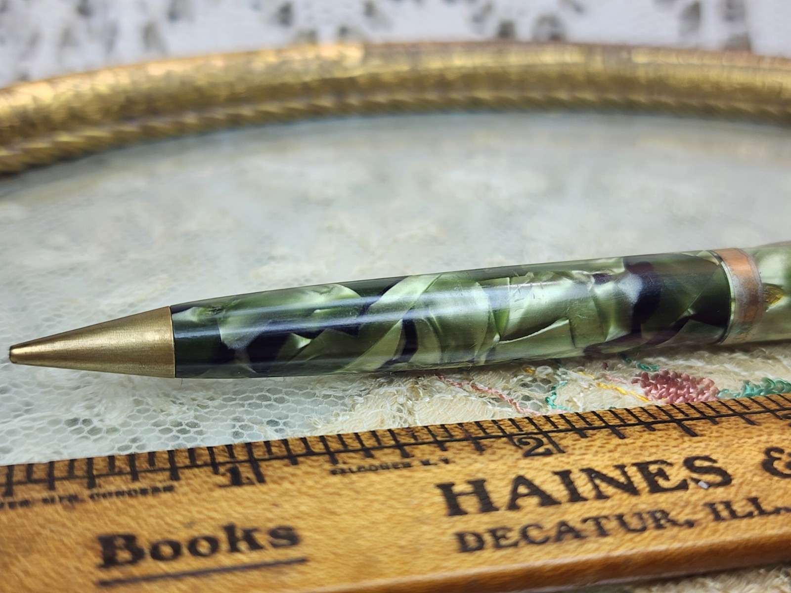 VTG Parker Challenger Pencil== Green Marbled Advertisng Tallman Cadilac Decatur