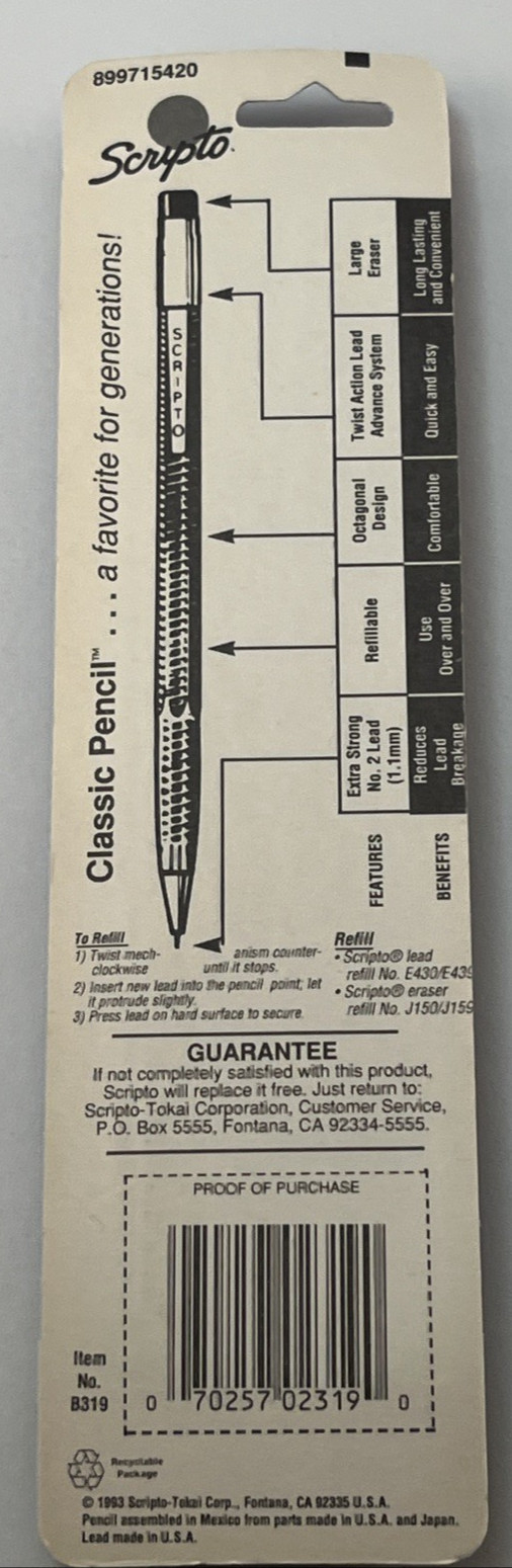 1993 Scripto Pencil Classic Combo Long Lead Pack B319 02319 New NOS Clear