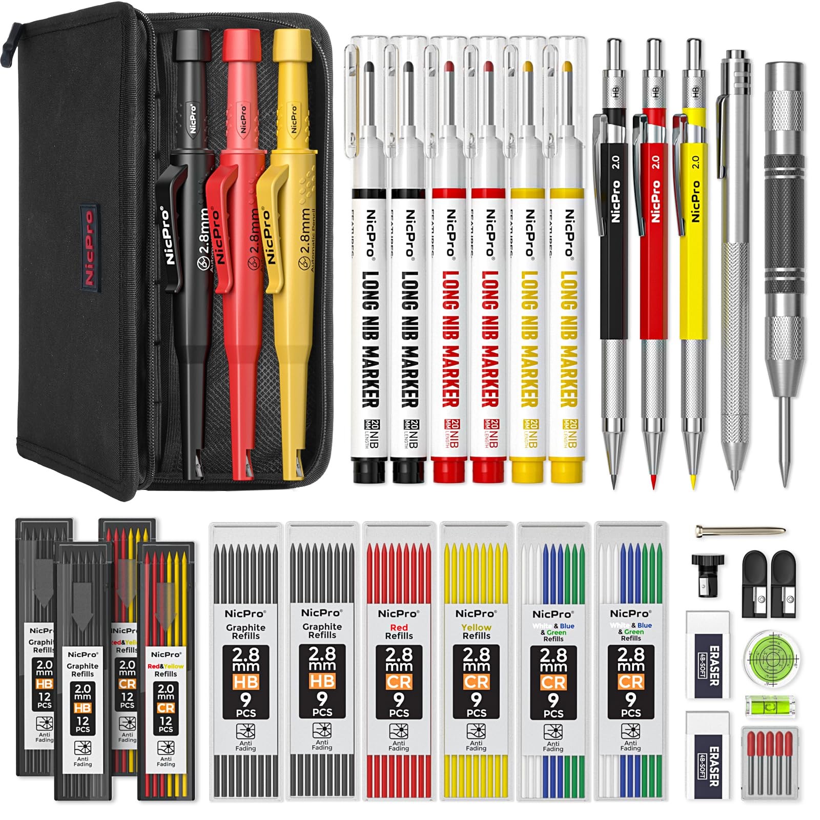 Nicpro 38 Pack Carpenter Pencils with Sharpener, 38 Pack, Black,red,yellow