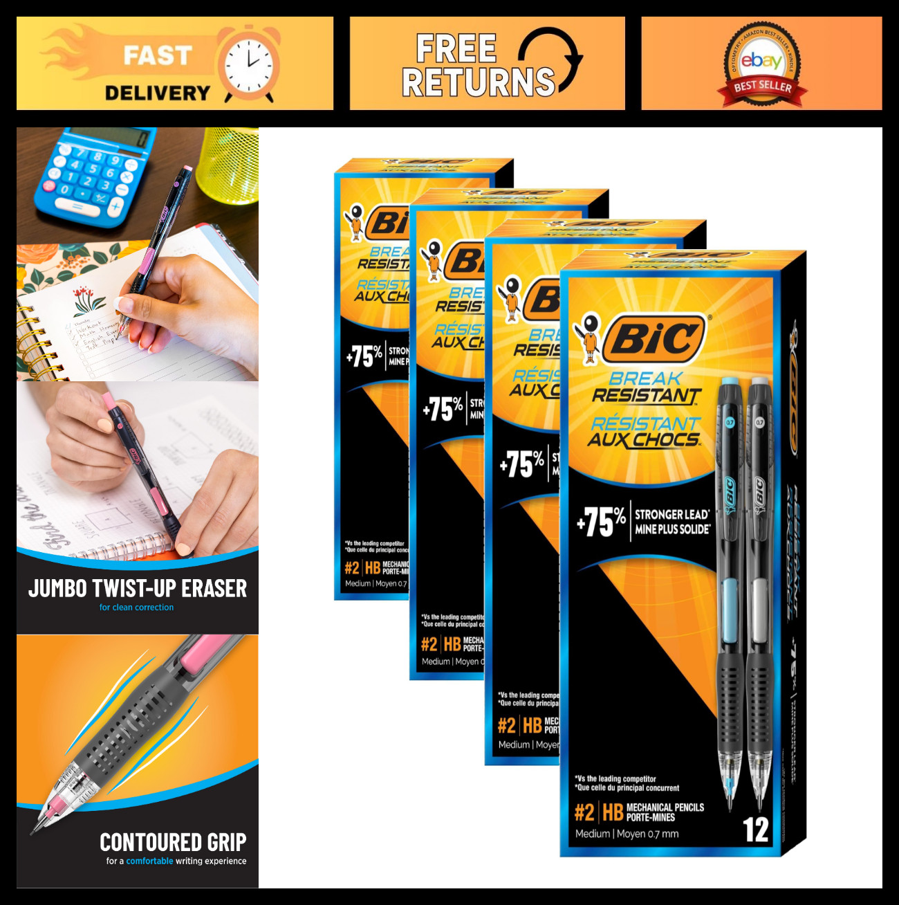 Break-Resistant Mechanical Pencils 0.7mm, 12-Count, Erasers Included, Great for