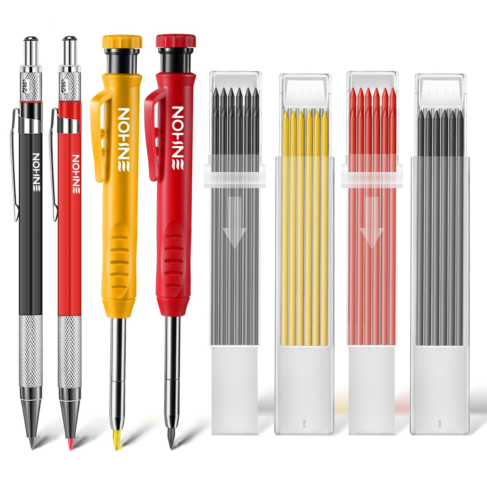 Enhon 4 Pack Carpenter Pencil Set with 44 Piece Set, Black, Red, Yellow