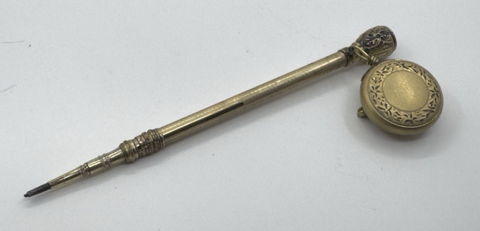 Victorian Telescoping Mechanical Pencil, Floral Repoussé, Retractable Chain