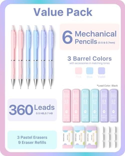 6PCS Cute Mechanical Pencil Set, 0.5mm & 0.7mm with 360PCS Lead 0.5mm+0.7mm