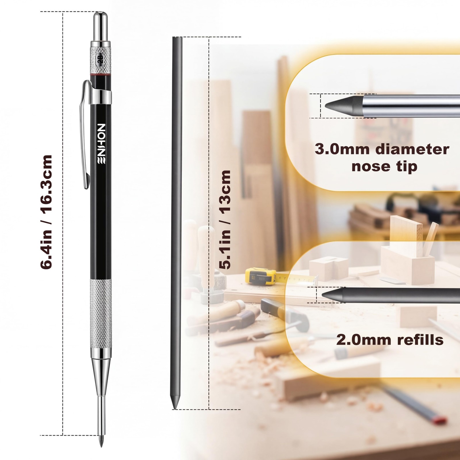 Enhon 2mm Mechanical Carpenter Pencil Set with 12 Marker Refills and Black