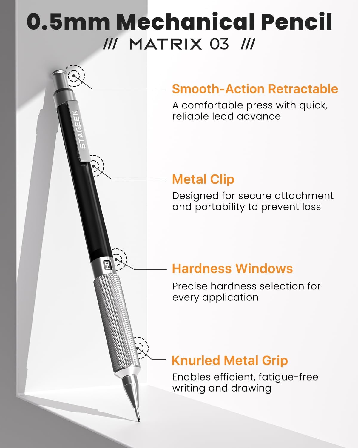 0.5mm Mechanical Pencil Metal Art Drafting With Eraser 60 HB Lead Refills