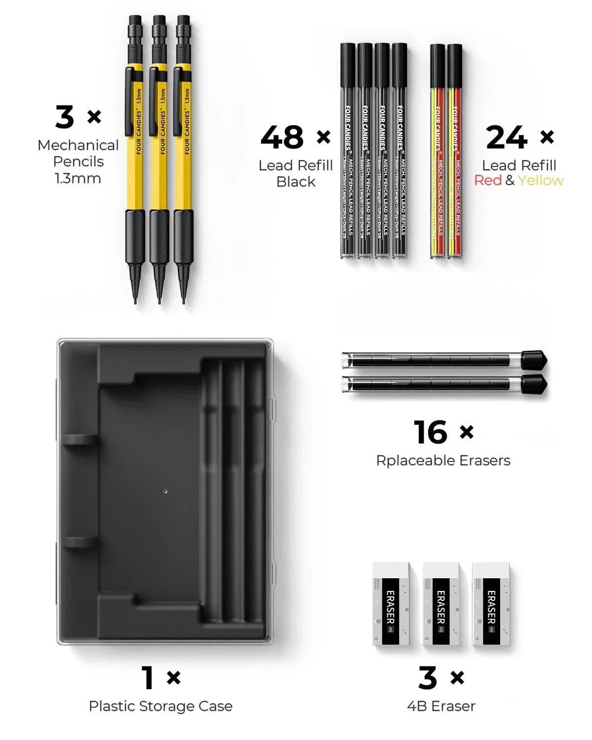 3PCS 1.3mm Mechanical Pencil Set with Case, Metal Heavy Duty Carpenter Pencil