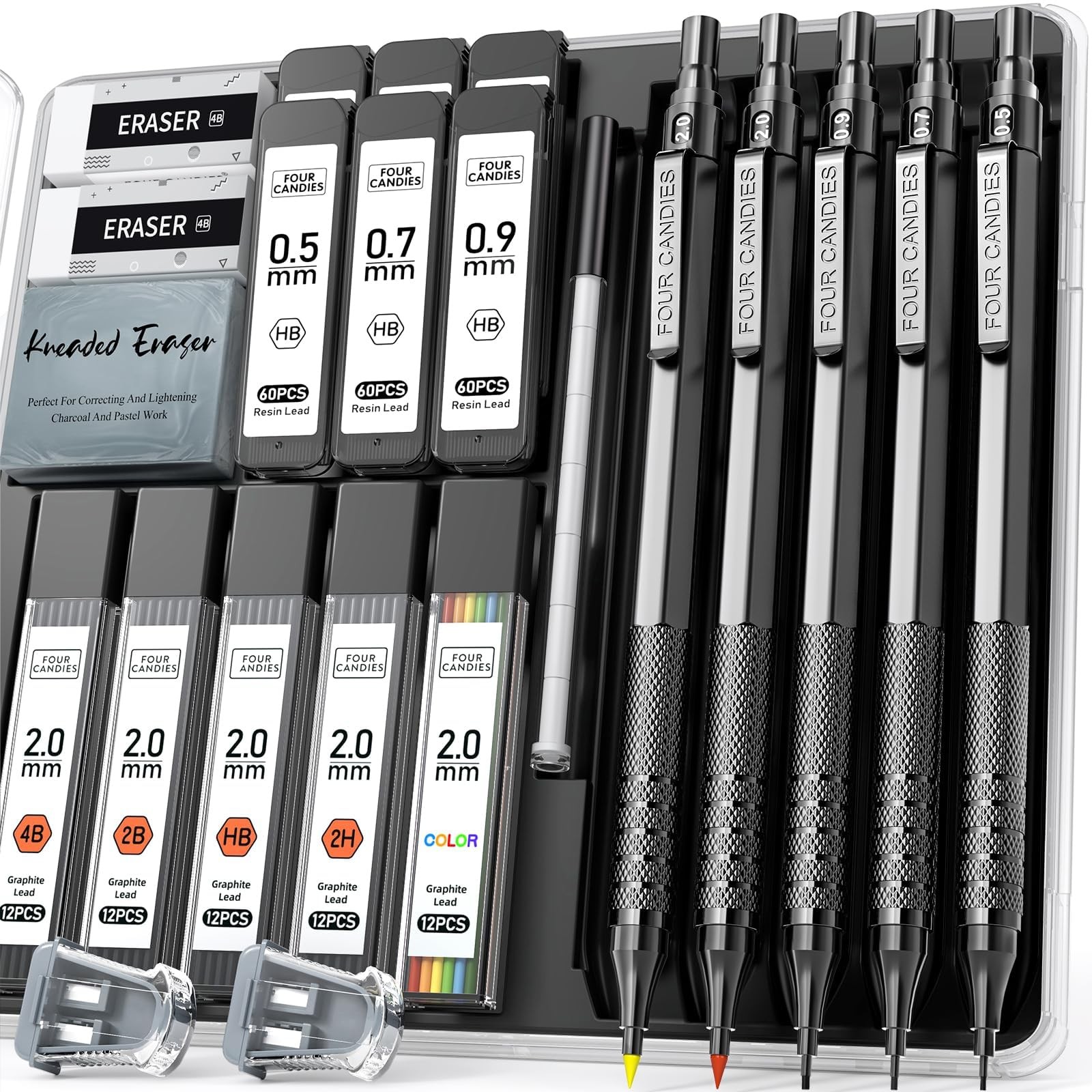 Four Candies Metal Mechanical Pencil Set, 3PCS Art Drafting Pencils Black