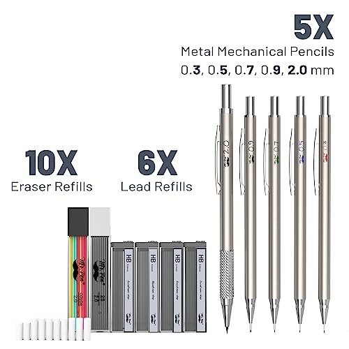 – Metal Mechanical Pencil Set with Lead and Eraser Refills, 5 Sizes