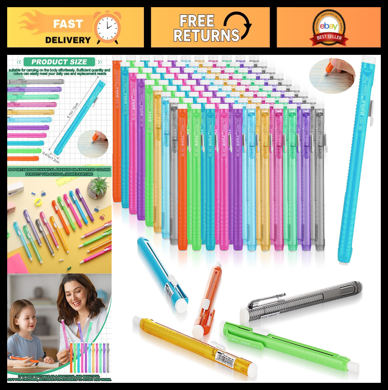 48 Pcs Retractable Mechanical Erasers – Portable Grip Pen Erasers for School, Of